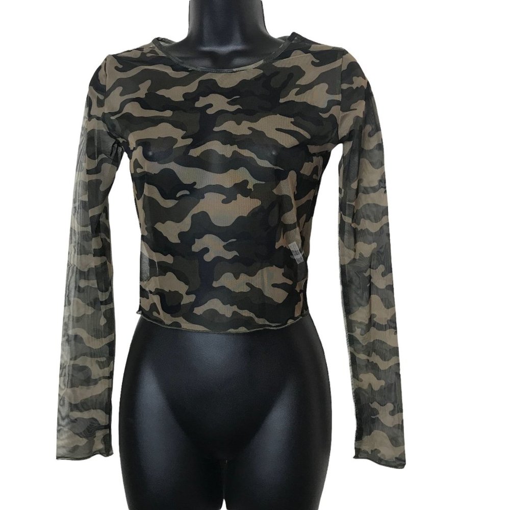 Perfashion Womens Sheer Multicolor Camouflage Long Sleeve Round Neck Blouse
